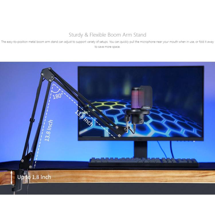 FEELWORLD VM1 USB Condenser Gaming Microphone for Streaming Noise Cancellation Mute RGB Light Boom Arm Stand (Black) - Microphone by FEELWORLD | Online Shopping South Africa | PMC TechLife | Buy Now Pay Later Mobicred