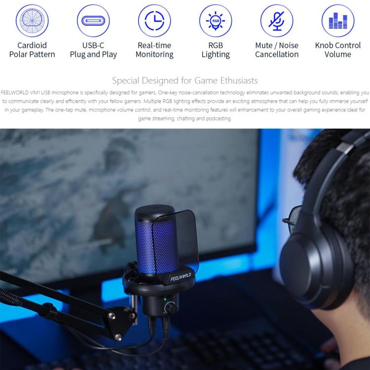 FEELWORLD VM1 USB Condenser Gaming Microphone for Streaming Noise Cancellation Mute RGB Light Boom Arm Stand (Black) - Microphone by FEELWORLD | Online Shopping South Africa | PMC TechLife | Buy Now Pay Later Mobicred