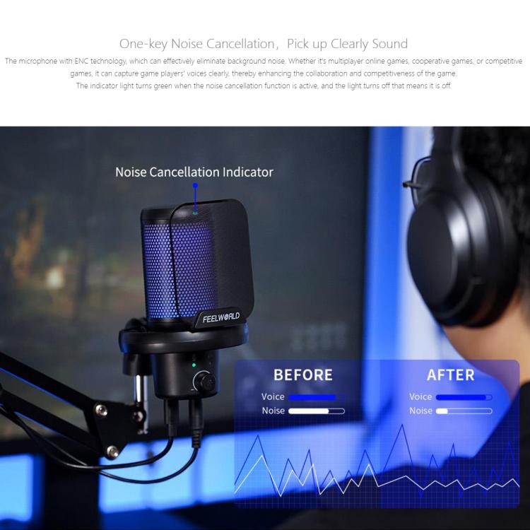 FEELWORLD VM1 USB Condenser Gaming Microphone for Streaming Noise Cancellation Mute RGB Light Boom Arm Stand (Black) - Microphone by FEELWORLD | Online Shopping South Africa | PMC TechLife | Buy Now Pay Later Mobicred