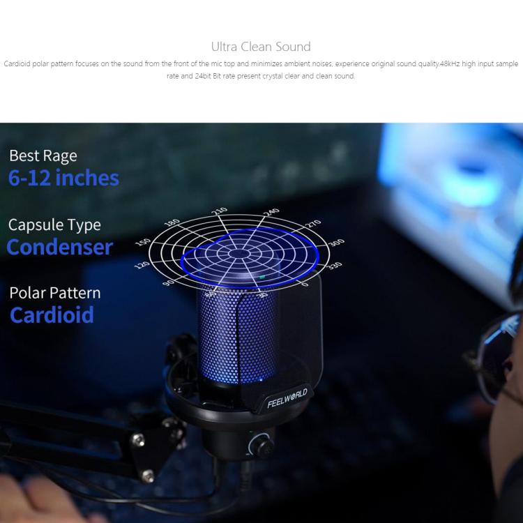 FEELWORLD VM1 USB Condenser Gaming Microphone for Streaming Noise Cancellation Mute RGB Light Boom Arm Stand (Black) - Microphone by FEELWORLD | Online Shopping South Africa | PMC TechLife | Buy Now Pay Later Mobicred