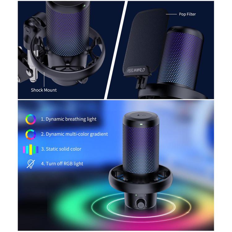 FEELWORLD VM1 USB Condenser Gaming Microphone for Streaming Noise Cancellation Mute RGB Light Boom Arm Stand (Black) - Microphone by FEELWORLD | Online Shopping South Africa | PMC TechLife | Buy Now Pay Later Mobicred