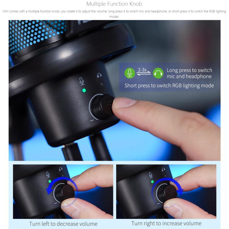 FEELWORLD VM1 USB Condenser Gaming Microphone for Streaming Noise Cancellation Mute RGB Light Boom Arm Stand (Black) - Microphone by FEELWORLD | Online Shopping South Africa | PMC TechLife | Buy Now Pay Later Mobicred