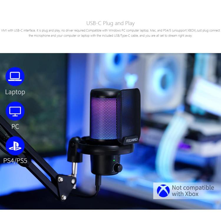 FEELWORLD VM1 USB Condenser Gaming Microphone for Streaming Noise Cancellation Mute RGB Light Boom Arm Stand (Black) - Microphone by FEELWORLD | Online Shopping South Africa | PMC TechLife | Buy Now Pay Later Mobicred