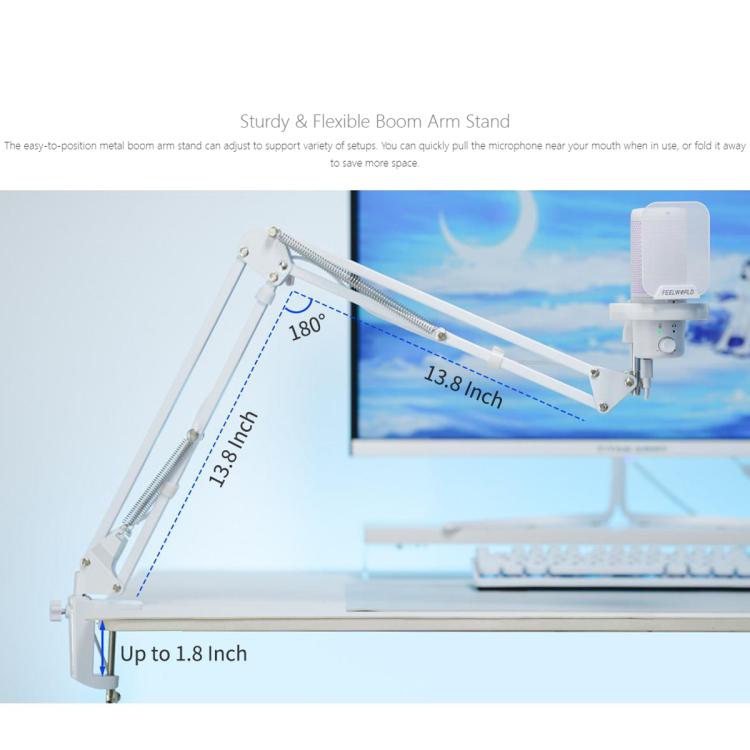 FEELWORLD VM1 USB Condenser Gaming Microphone for Streaming Noise Cancellation Mute RGB Light Boom Arm Stand (White) - Microphone by FEELWORLD | Online Shopping South Africa | PMC TechLife | Buy Now Pay Later Mobicred