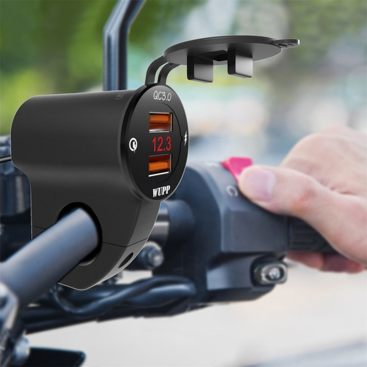 WUPP ZH-975B3 Motorcycle Aluminum Alloy Waterproof Mobile Phone Double QC3.0 Quick Charging Charger with Voltmeter(Black) - free shipping - PMC Jewellery - Order now!