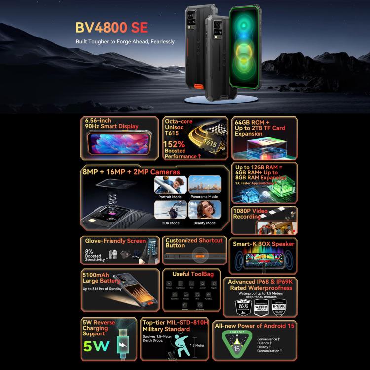 Blackview BV4800 SE Rugged Phone, 4GB+64GB, 6.56 inch Android 15 UMS9320E T615 Octa Core, Network: 4G, OTG, NFC (Orange) - free shipping - PMc TechLife - Order now!