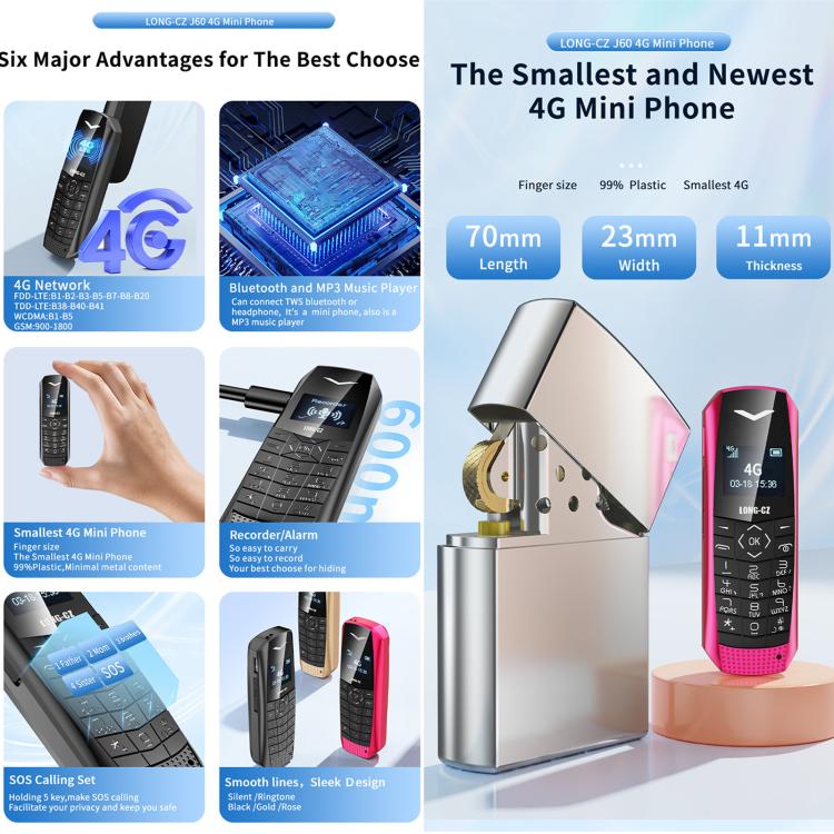 LONG-CZ S60 4G Mini Phone, 1.77 inch Unisoc T107, LED Flashlight, 21 Keys, Network: 4G, Single SIM (Black) - free shipping - PMc TechLife - Order now!