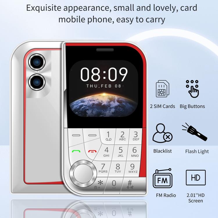 V10 Card Mobile Phone, 2.01 inch, MTK6261D, Support Bluetooth, FM, Torch, GSM, Dual SIM (White) - free shipping - PMc TechLife - Order now!
