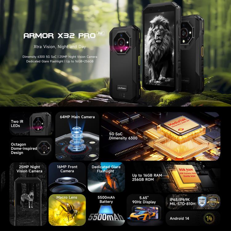 Ulefone Armor X32 Pro 5G, 8GB+256GB, Night Vision, IP68/IP69K Rugged Phone, 5.65 inch Android 14 MediaTek Dimensity 6300 Octa Core, Network: 5G, NFC, OTG (Few Orange) - free shipping - PMc TechLife - Order now!