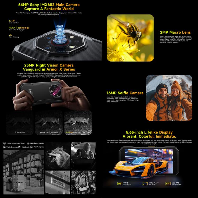 Ulefone Armor X32 Pro 5G, 8GB+256GB, Night Vision, IP68/IP69K Rugged Phone, 5.65 inch Android 14 MediaTek Dimensity 6300 Octa Core, Network: 5G, NFC, OTG (Classic Black) - free shipping - PMc TechLife - Order now!