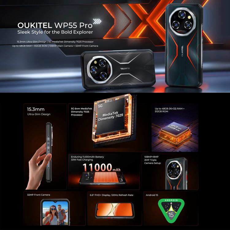 Oukitel WP55 Pro 5G Rugged Phone, 16GB+512GB, 108MP Camera, Fingerprint Identification, 6.6 inch Android 15 MediaTek Dimensity 7025 Octa Core, NFC, OTG, Network: 5G (Orange) - free shipping - PMC TechLife - Order now!
