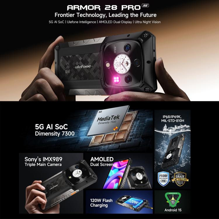 Ulefone Armor 28 Pro Rugged Phone, 16GB+512GB, Night Vision, 10600mAh, 6.67 inch + 1.04 inch Android 15 MediaTek Dimensity 7300 Octa Core, Network: 5G, NFC (Black) - free shipping - PMC TechLife - Order now!