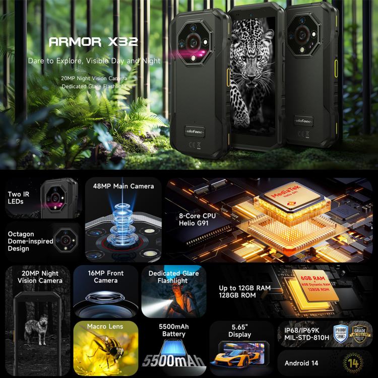Ulefone Armor X32 Rugged Phone, 6GB+128GB, Night Vision, 5.65 inch Android 14 MediaTek Helio G91 Octa Core, Network: 4G, NFC, OTG (Few Orange) - free shipping - PMC TechLife - Order now!