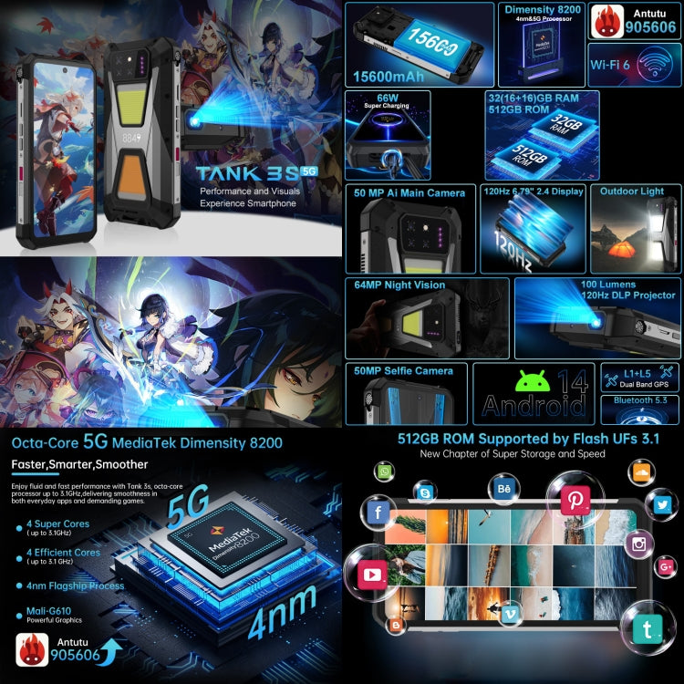 Unihertz 8849 Tank 3S Night Vision Projector Rugged Phone, 16GB+512GB, 6.79 inch Android 14 Dimensity 8200 Octa Core, Network: 5G (Black) - free shipping - PMC Jewellery - Order now!