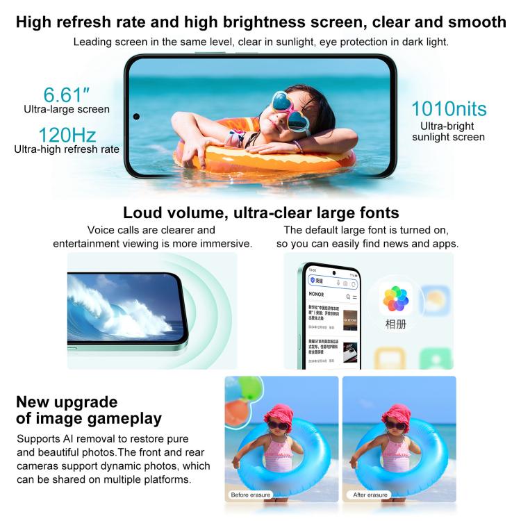 Honor Play 60, 6GB+128GB, Side Fingerprint, 6.61 inch MagicOS 9.0 Dimensity 6300 Octa Core, Network: 5G, OTG (White) - free shipping - PMc TechLife - Order now!