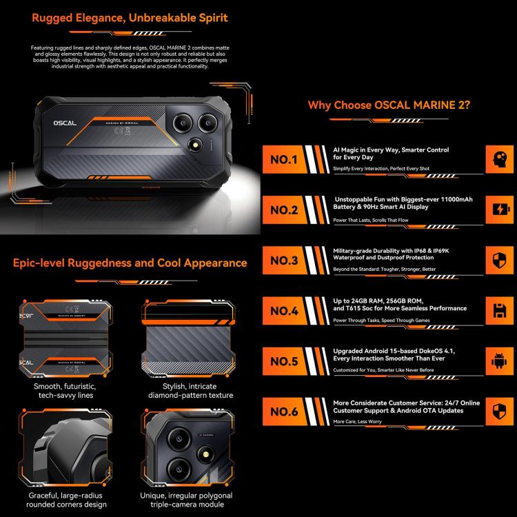 Blackview Oscal Marine 2, 4GB+64GB, 6.56 inch Android 15 Unisoc UMS9230E T615 Octa Core, Network: 4G, OTG, NFC (Orange) - free shipping - PMC TechLife - Order now!