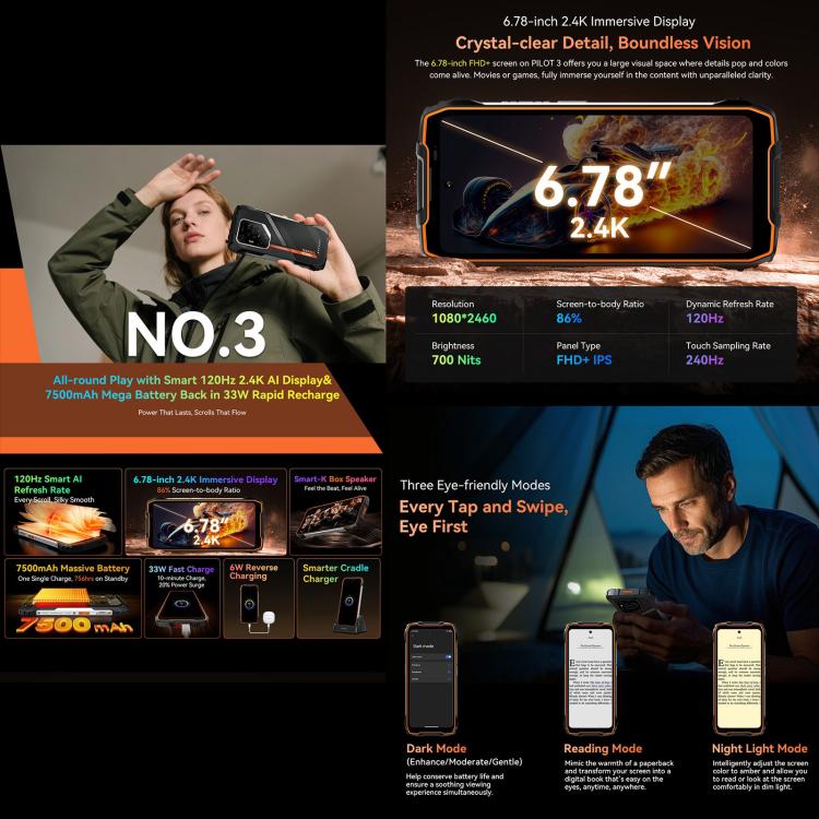 Blackview Oscal Pilot 3 5G Rugged Phone, 12GB+256GB, Night Vision Camera, 6.78 inch Android 15 MediaTek Dimensity 6300 Octa Core, Network: 5G, OTG, NFC (Black) - free shipping - PMC TechLife - Order now!