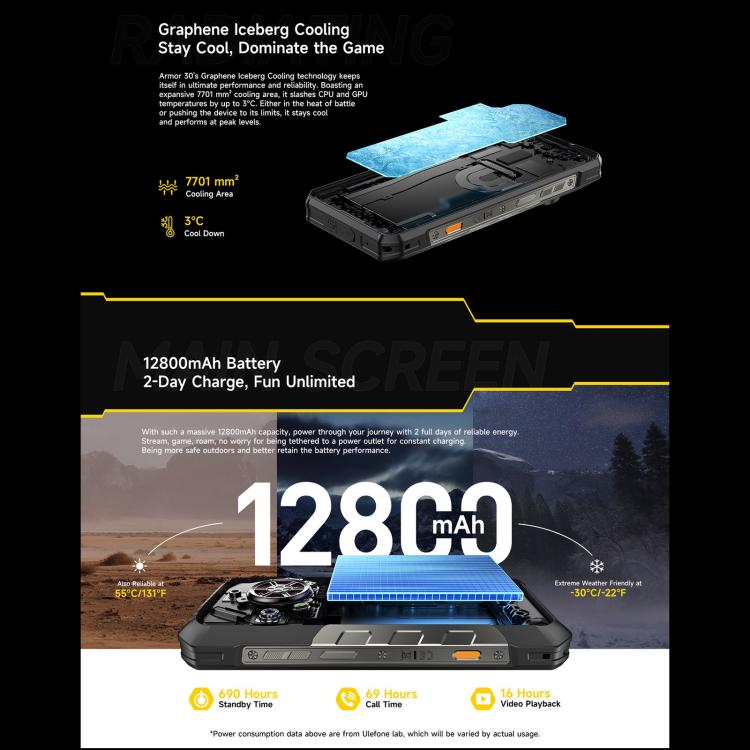 Ulefone Armor 30, 12GB+512GB, Night Vision, IP68/IP69K Rugged Phone, 6.95 inch Android 15 MediaTek Helio G100 Octa Core, Network: 4G, NFC, OTG (Black) - free shipping - PMC TechLife - Order now!