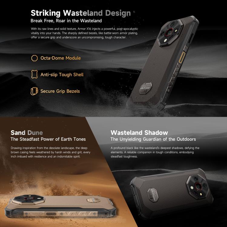 Ulefone Armor X16, 6GB+128GB, Night Vision, IP68/IP69K Rugged Phone, 6.56 inch Android 15 MediaTek Helio G91 Octa Core, Network: 4G, NFC, OTG (Sand Dune) - free shipping - PMC TechLife - Order now!