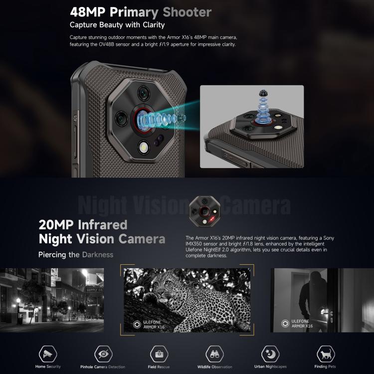 Ulefone Armor X16, 6GB+128GB, Night Vision, IP68/IP69K Rugged Phone, 6.56 inch Android 15 MediaTek Helio G91 Octa Core, Network: 4G, NFC, OTG (Wasteland Shadow) - free shipping - PMC TechLife - Order now!