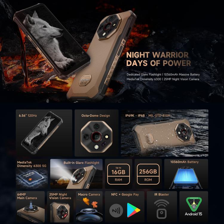 Ulefone Armor X16 Pro, 8GB+256GB, Night Vision, IP68/IP69K Rugged Phone, 6.56 inch Android 15 MediaTek Dimensity 6300 Octa Core, Network: 5G, NFC, OTG (Sand Dune) - free shipping - PMC TechLife - Order now!