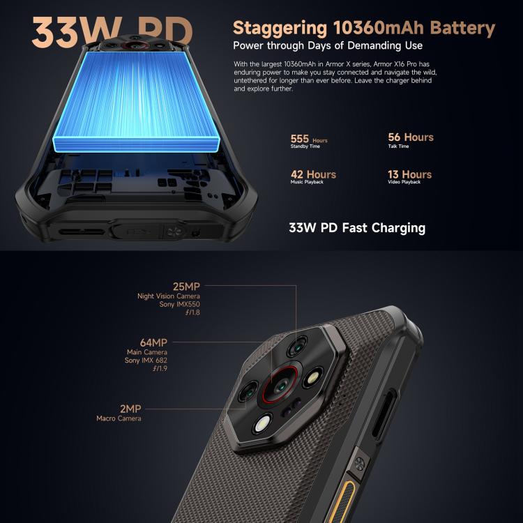 Ulefone Armor X16 Pro, 8GB+256GB, Night Vision, IP68/IP69K Rugged Phone, 6.56 inch Android 15 MediaTek Dimensity 6300 Octa Core, Network: 5G, NFC, OTG (Wasteland Shadow) - free shipping - PMC TechLife - Order now!