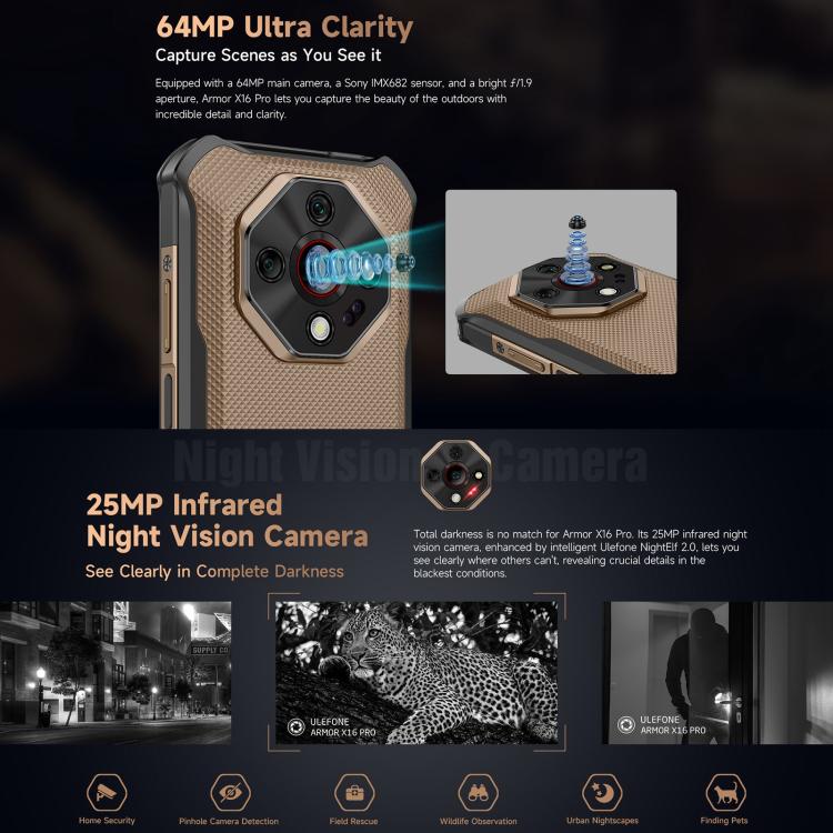Ulefone Armor X16 Pro, 8GB+256GB, Night Vision, IP68/IP69K Rugged Phone, 6.56 inch Android 15 MediaTek Dimensity 6300 Octa Core, Network: 5G, NFC, OTG (Sand Dune) - free shipping - PMC TechLife - Order now!