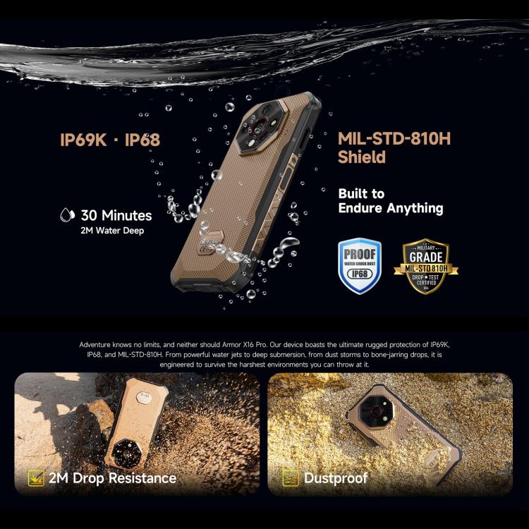 Ulefone Armor X16 Pro, 8GB+256GB, Night Vision, IP68/IP69K Rugged Phone, 6.56 inch Android 15 MediaTek Dimensity 6300 Octa Core, Network: 5G, NFC, OTG (Wasteland Shadow) - free shipping - PMC TechLife - Order now!