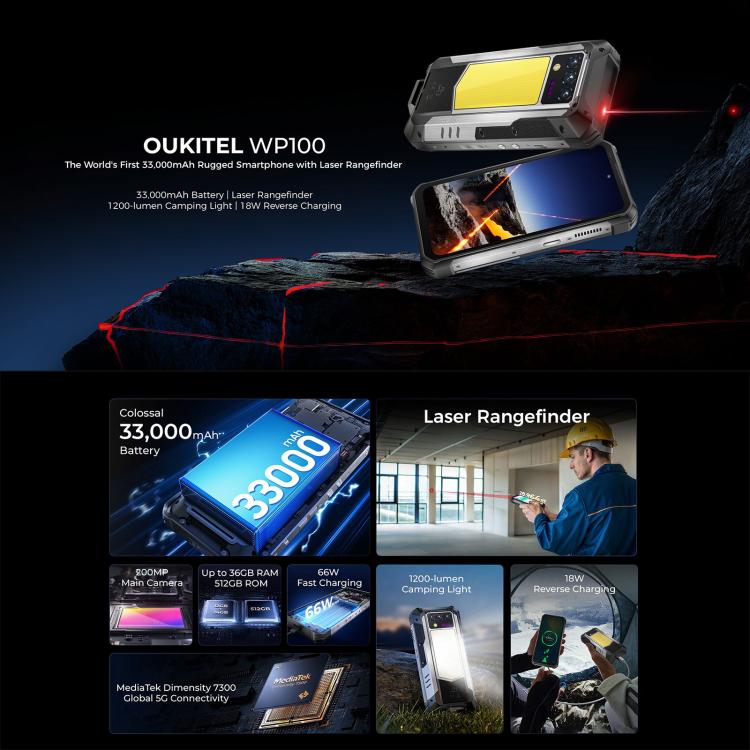 Oukitel WP100 Laser Rangefinder Rugged Phone, 12GB+512GB, 200MP Camera, Fingerprint Identification, 6.8 inch Android 14 MediaTek Dimensity 7300 Octa Core, NFC, OTG, Network: 5G (Black) - free shipping - PMC TechLife - Order now!