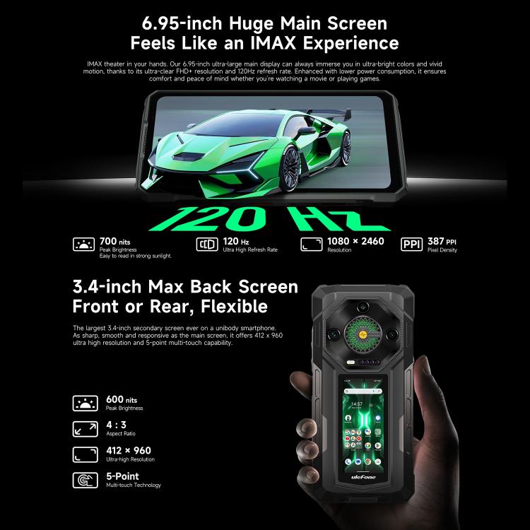 Ulefone Armor 33 Pro Rugged Phone, 16GB+512GB, Night Vision, 6.95 inch + 3.4 inch Dual Screen Android 14 MediaTek Dimensity 7300X Octa Core, Network: 5G, OTG, NFC (Black) - free shipping - PMC TechLife - Order now!