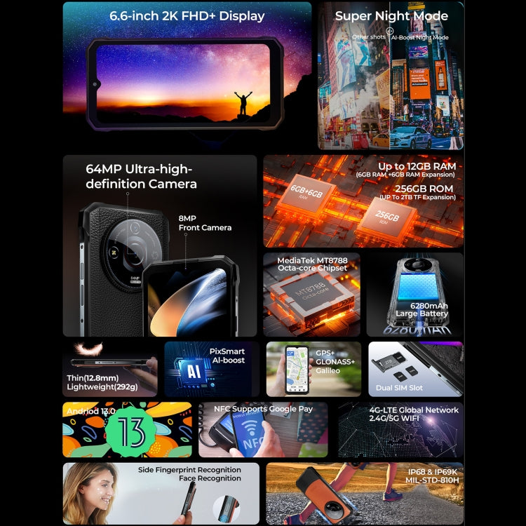 HOTWAV T7 Pro Rugged Phone, 6GB+256GB, 6280mAh, 6.6 inch Android 13 MT8788 Octa Core, Network: 4G, OTG (Black) - free shipping - PMC TechLife - Order now!