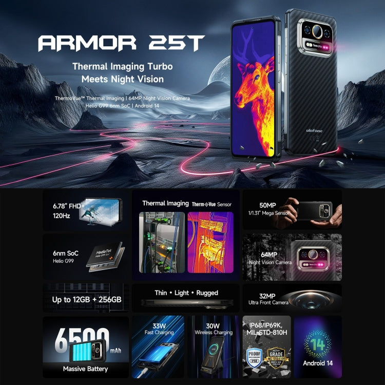 Ulefone Armor 25T Rugged Phone, 6GB+256GB, Thermal Imaging, 6.78 inch Android 14 MediaTek Helio G99 Octa Core, Network: 4G, NFC, OTG (Black) - free shipping - PMC TechLife - Order now!