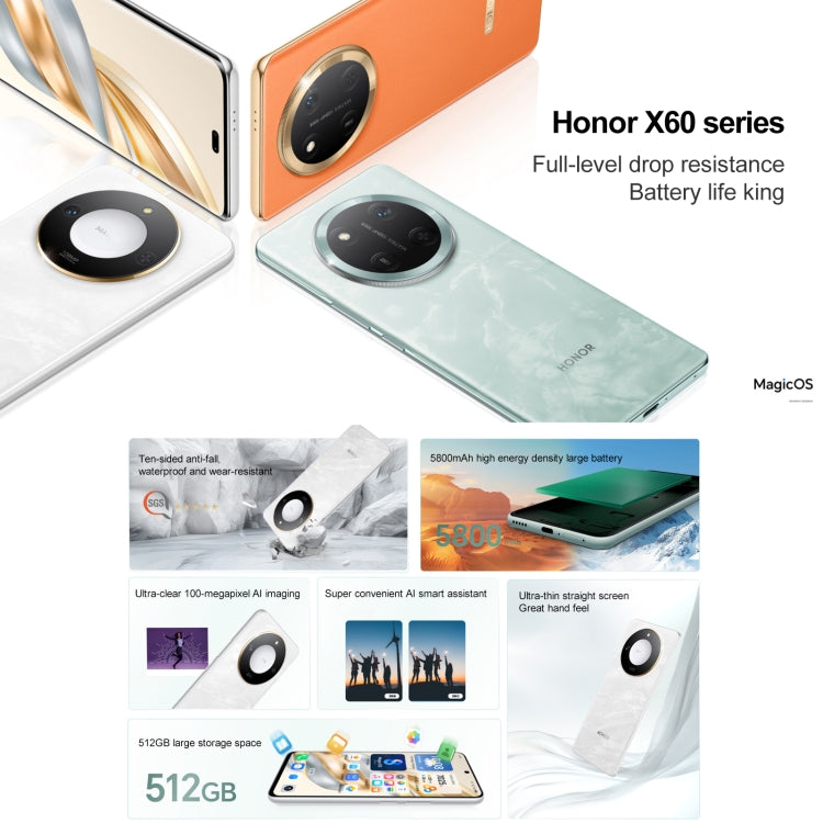 Honor X60, 12GB+512GB, Side Fingerprint, 6.8 inch MagicOS 8.0 Dimensity 7025-Ultra Octa Core, Network: 5G, OTG, Support Google Play (White) - free shipping - PMc TechLife - Order now!