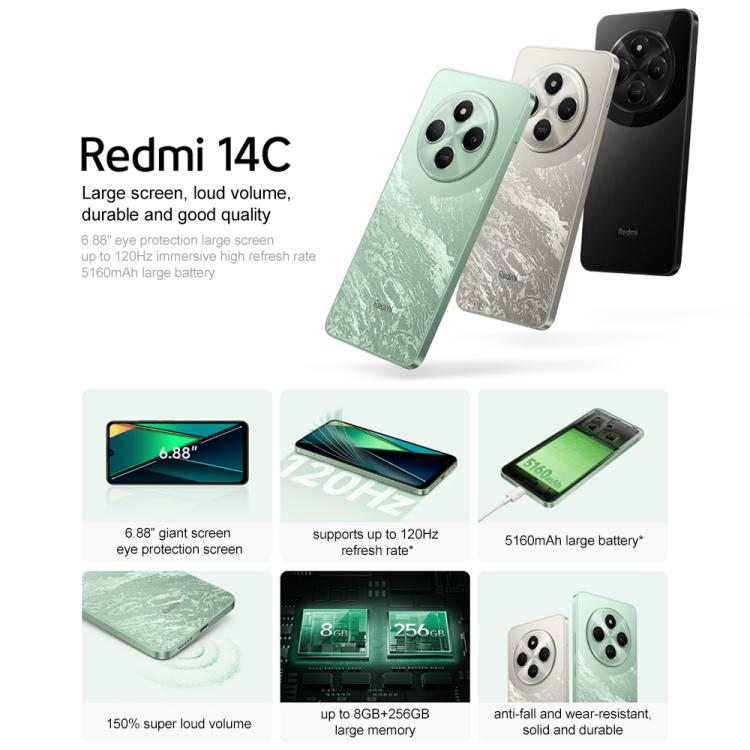 Xiaomi Redmi 14C, 8GB+256GB, 6.88 inch Xiaomi HyperOS MediaTek Helio G81-Ultra Octa Core, Network: 4G, Not Support Google Play (Green) - free shipping - PMc TechLife - Order now!