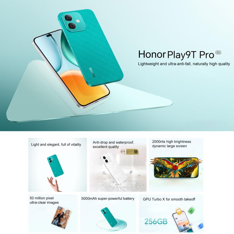 Honor Play9T Pro, 12GB+256GB, Screen Fingerprint, 6.7 inch MagicOS 8.0 Android 14.0 Dimensity 6080 Octa Core, Network: 5G, OTG (Green) - free shipping - PMc TechLife - Order now!