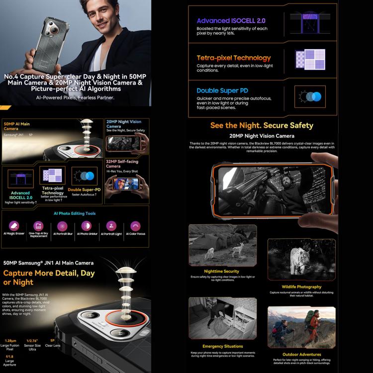 Blackview BL7000 Rugged Phone, 8GB+256GB, 6.78 inch Android 15 MediaTek Dimensity 6300 Octa Core, Network: 5G, NFC, OTG (Orange) - free shipping - PMc TechLife - Order now!