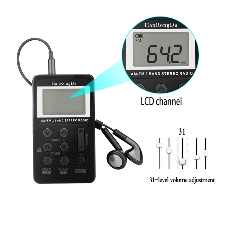Portable AM / FM Two Bands Rechargeable Stereo Radio Mini Receiver with & LCD Screen & Earphone Jack & Lanyard (Black) - Radio Player by PMC TechLife | Online Shopping South Africa | PMC TechLife | Buy Now Pay Later Mobicred