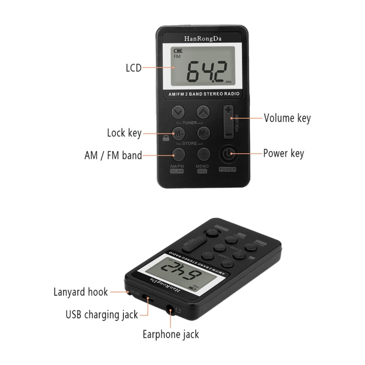 Portable AM / FM Two Bands Rechargeable Stereo Radio Mini Receiver with & LCD Screen & Earphone Jack & Lanyard (Black) - Radio Player by PMC TechLife | Online Shopping South Africa | PMC TechLife | Buy Now Pay Later Mobicred