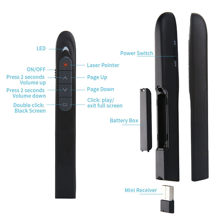 XM930 2.4GHz Wireless Laser PowerPoint Page Turning Pen Multimedia Wireless Presentation Projection Pen with USB Receiver, Support Low Battery Remind, Remote Control Distance: 100m(Black) -  by PMC TechLife | Online Shopping South Africa | PMC TechLife | Buy Now Pay Later Mobicred