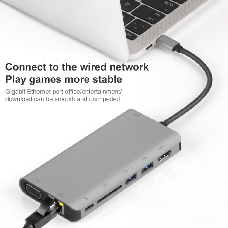 Onten 9591BD 8 in 1 USB-C / Type-C to PD USB-C / Type-C Charging + Gigabit Ethernet + Dual USB 3.0 + HDMI + VGA + SD Card Slot + 3.5mm AUX HUB(Grey) - free shipping - PMC Jewellery - Order now!