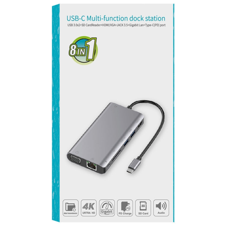 Onten 9591BD 8 in 1 USB-C / Type-C to PD USB-C / Type-C Charging + Gigabit Ethernet + Dual USB 3.0 + HDMI + VGA + SD Card Slot + 3.5mm AUX HUB(Grey) - free shipping - PMC Jewellery - Order now!