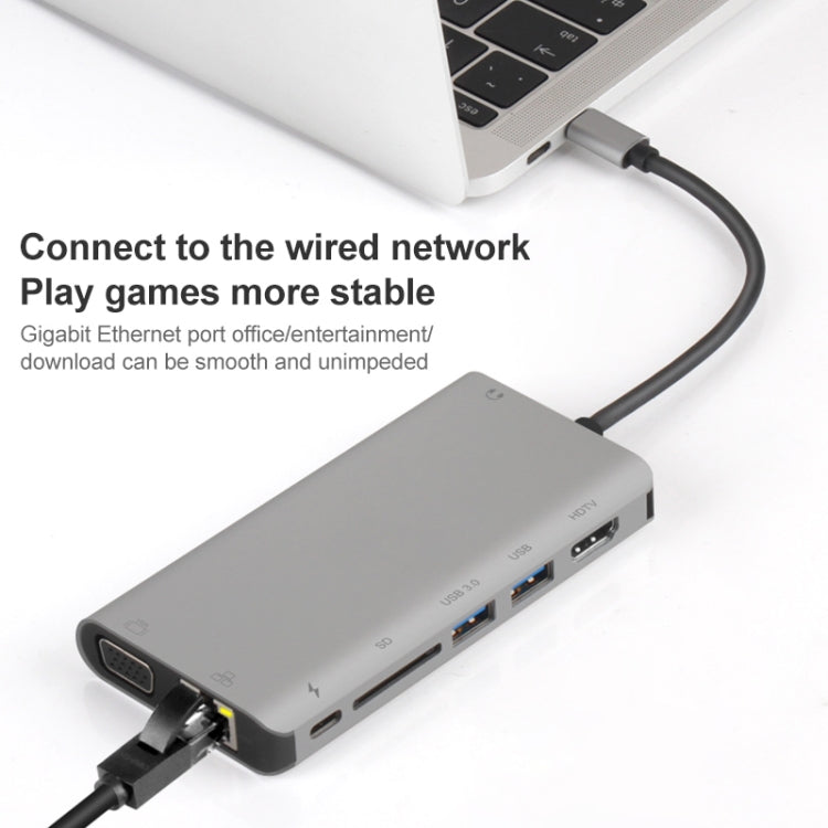 Onten 9591BD 8 in 1 USB-C / Type-C to PD USB-C / Type-C Charging + 100M Ethernet Port + Dual USB 3.0 + HDMI + VGA + SD Card Slot + 3.5mm AUX HUB (Grey) - free shipping - PMC Jewellery - Order now!