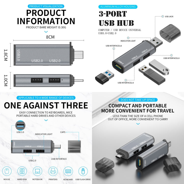 3 Ports USB 2.0 x 2 + USB 3.0 to USB-C / Type-C HUB Adapter - USB HUB by PMC TechLife | Online Shopping South Africa | PMC TechLife | Buy Now Pay Later Mobicred
