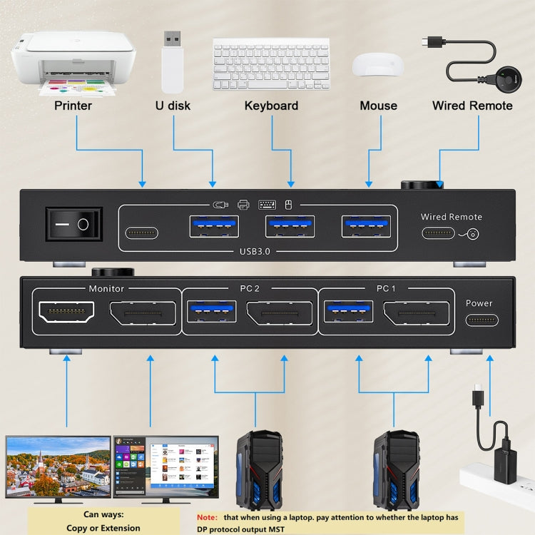 KC-KVM212DH 4K 60HZ USB3.0 DP Dual Display KVM Switcher with MST Dual Screen Extension Replication - Switch by PMC Jewellery | Online Shopping South Africa | PMC Jewellery | Buy Now Pay Later Mobicred