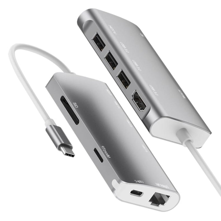 9591C 8 In 1 USB 3.0 x3 + SD / TF Card + HDMI + RJ45 + Type-C / USB-C (PD) Multi-function HUB Converter Dock Station(Silver) - USB HUB by PMC Jewellery | Online Shopping South Africa | PMC Jewellery | Buy Now Pay Later Mobicred