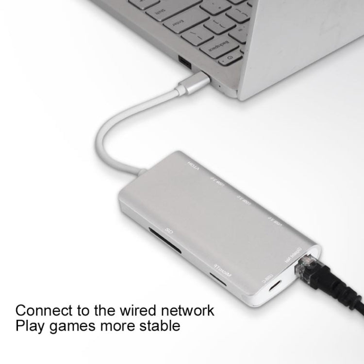 9591C 8 In 1 USB 3.0 x3 + SD / TF Card + HDMI + RJ45 + Type-C / USB-C (PD) Multi-function HUB Converter Dock Station(Silver) - USB HUB by PMC Jewellery | Online Shopping South Africa | PMC Jewellery | Buy Now Pay Later Mobicred