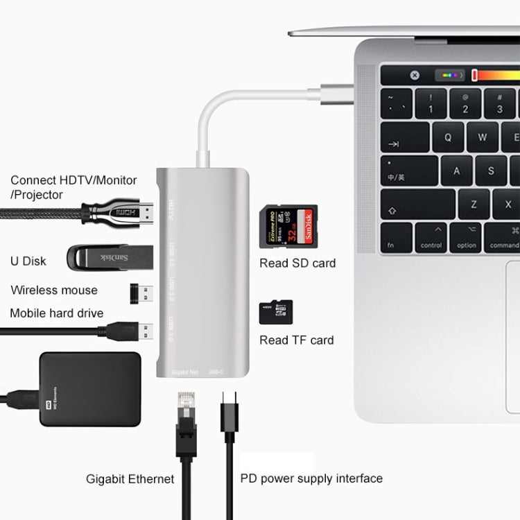9591C 8 In 1 USB 3.0 x3 + SD / TF Card + HDMI + RJ45 + Type-C / USB-C (PD) Multi-function HUB Converter Dock Station(Silver) - USB HUB by PMC Jewellery | Online Shopping South Africa | PMC Jewellery | Buy Now Pay Later Mobicred