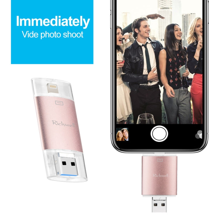 Richwell 3 in 1 64G Type-C + 8 Pin + USB 3.0 Metal Double Cover Push-pull Flash Disk with OTG Function(Black) - free shipping - PMC Jewellery - Order now!