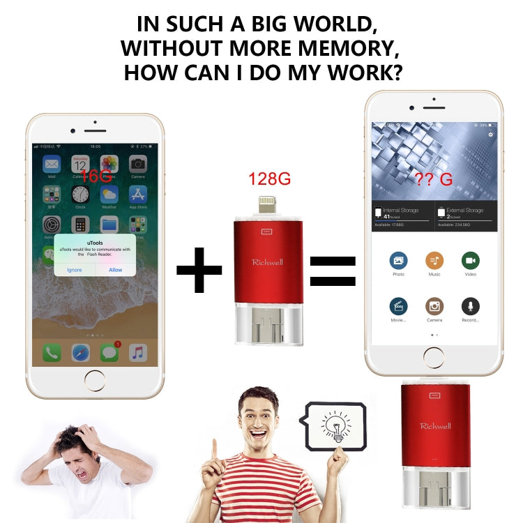 Richwell 3 in 1 32G Type-C + 8 Pin + USB 3.0 Metal Double Cover Push-pull Flash Disk with OTG Function(Silver) - free shipping - PMC Jewellery - Order now!