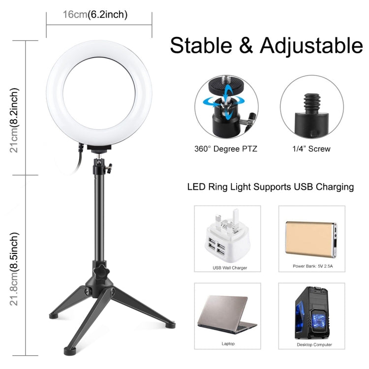 PULUZ 6.2 inch 16cm USB 3 Modes Dimmable LED Ring Vlogging Photography Video Lights + Desktop Tripod Holder with Cold Shoe Tripod Ball Head - Ring Light by PULUZ | Online Shopping South Africa | PMC TechLife | Buy Now Pay Later Mobicred